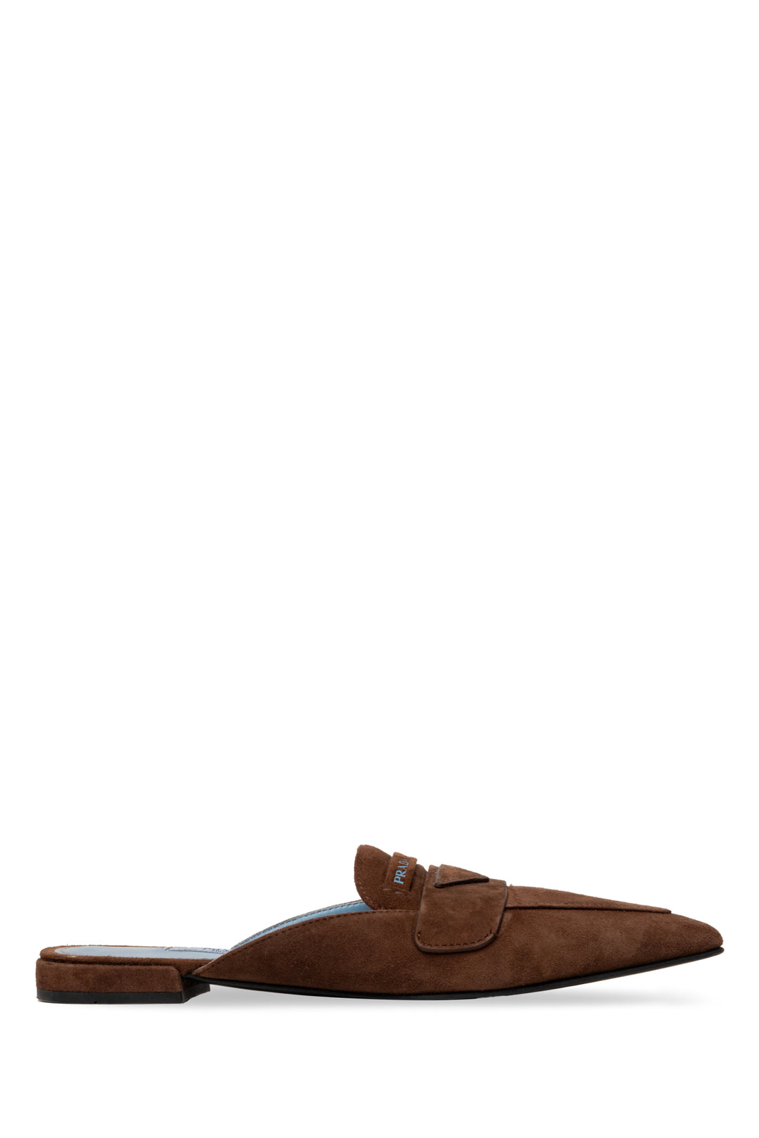 Prada Size 37.5 Suede Logo Pointed Toe Mules