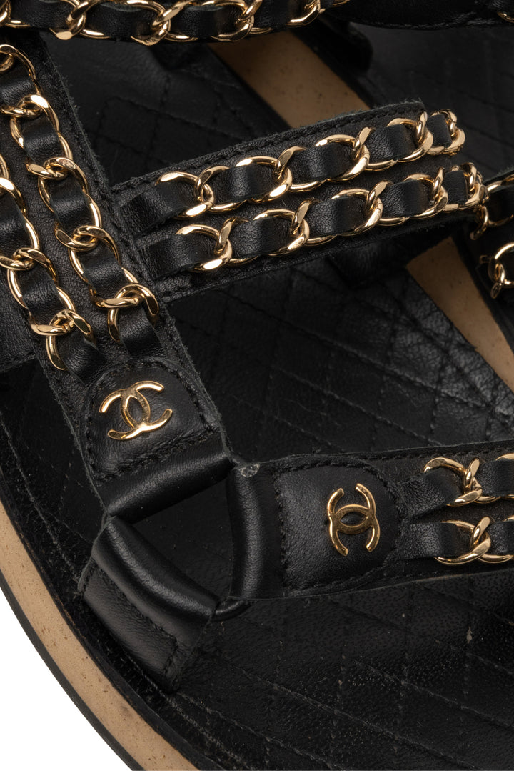 Chanel Size 40 2019 Chain Accent CC Logo Leather & Cork Flat Slingback Sandals