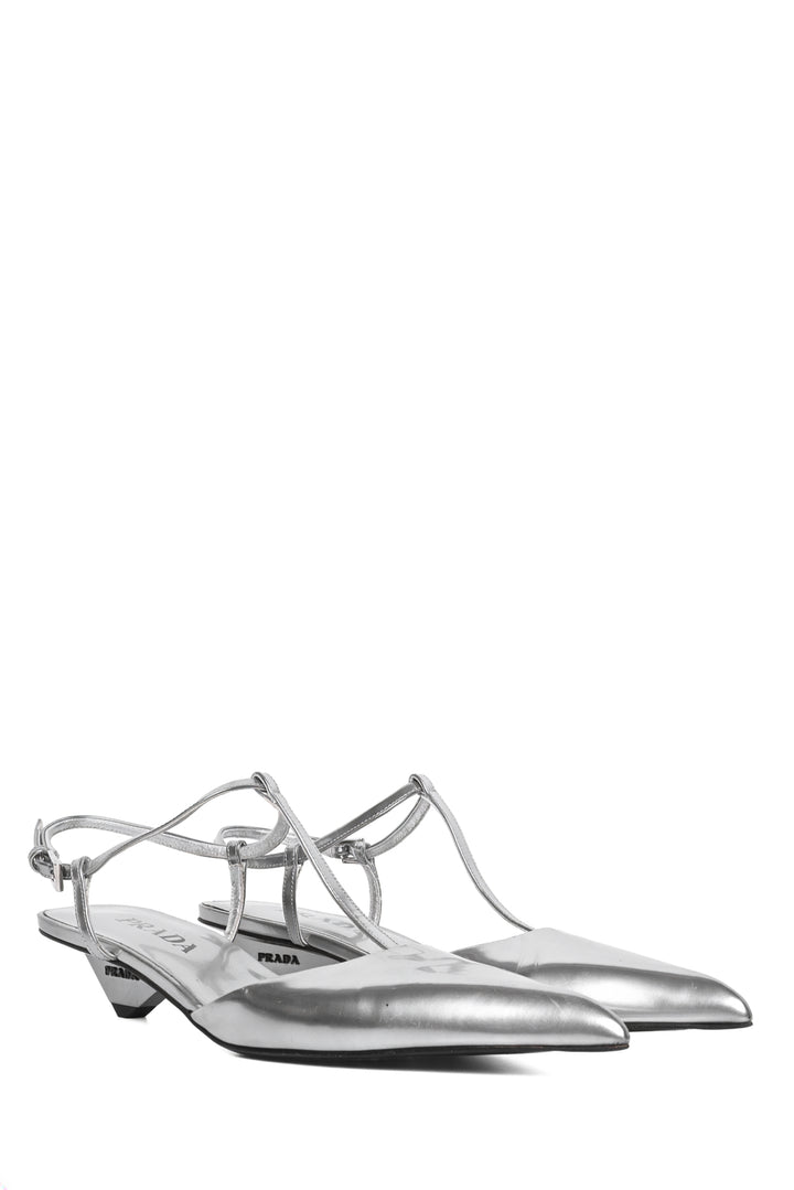 Prada Size 37 Metallic Leather T-Strap Slingback Kitten Heel Pointed Toe Pumps