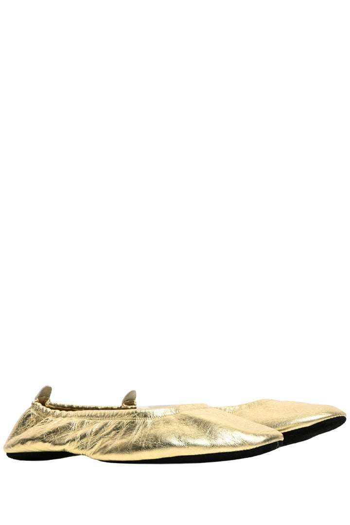 Gucci Size 40 Vintage Golod Leather Fold Up Ballet Flats