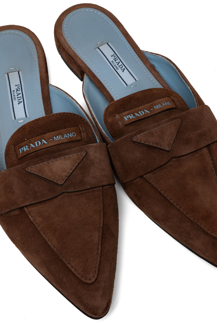 Prada Size 37.5 Suede Logo Pointed Toe Mules