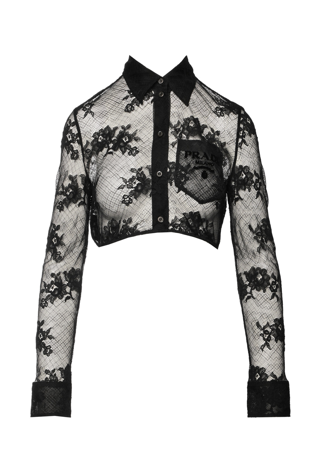 Prada Size 38 2022 Floral Lace Flocked Logo Crop Shirt