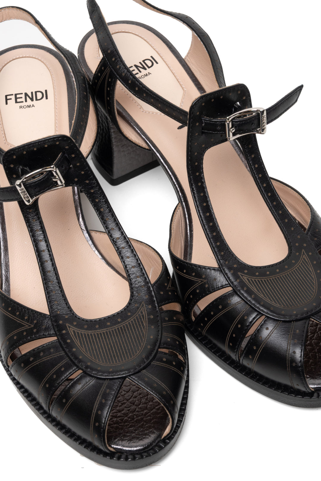 Fendi Size 35.5 Cutout Leather Peeptoe Chameleon Ankle Strap Sandals