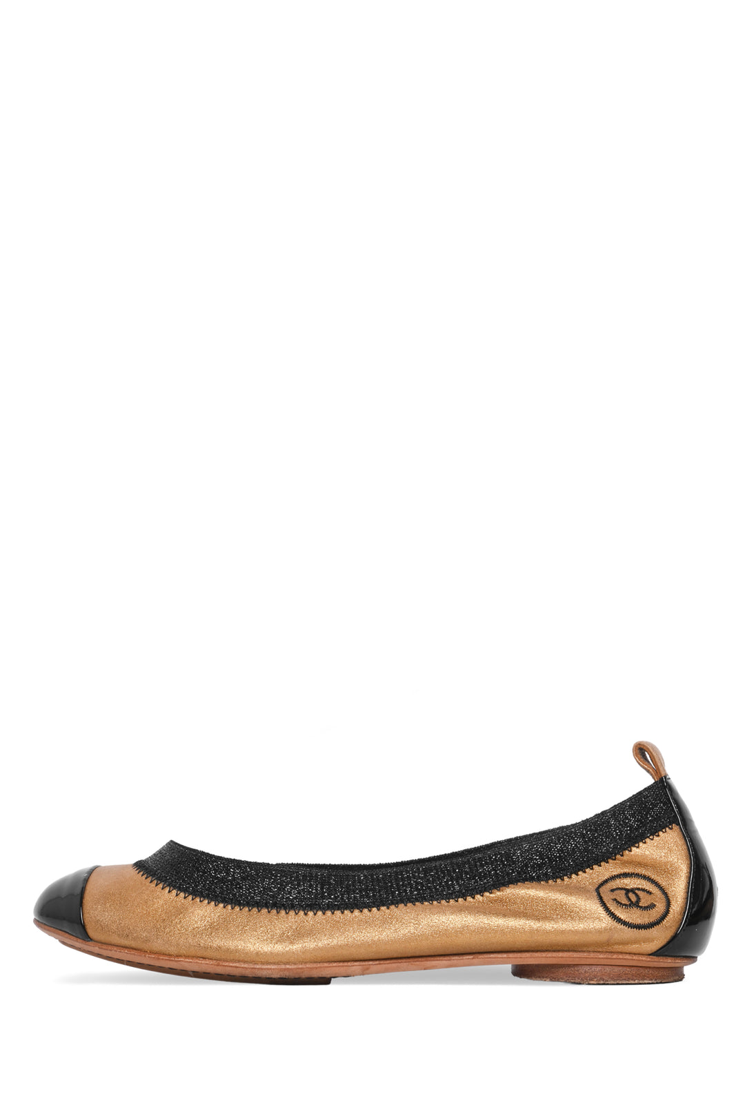 Chanel Size 36.5 Metallic Leather Elastic Trim Ballet Flats