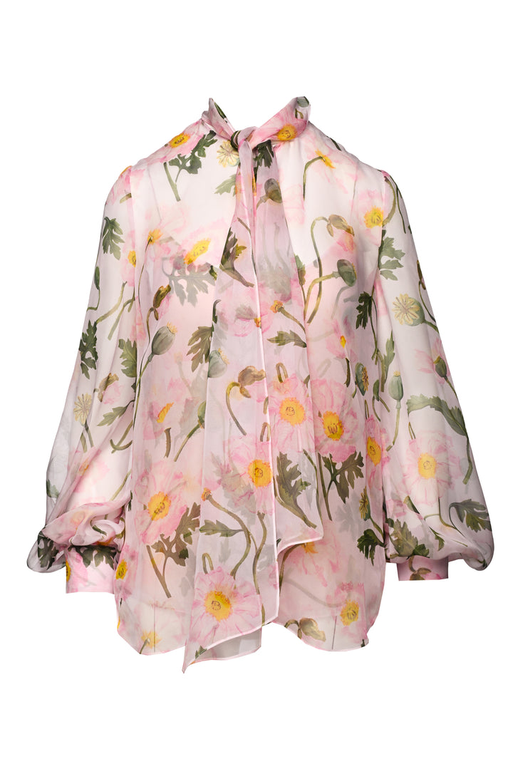 Oscar De La Renta Size 6 Tied-Neck Silk Chiffon Blouse