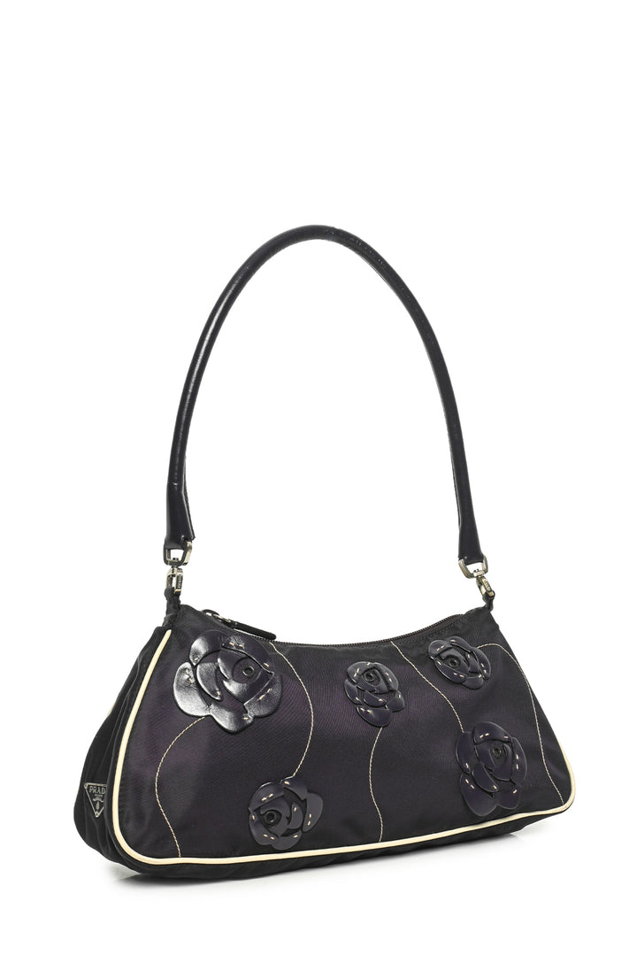 Prada Vintage 1990s Leather Flower Applique Nylon Shoulder Bag