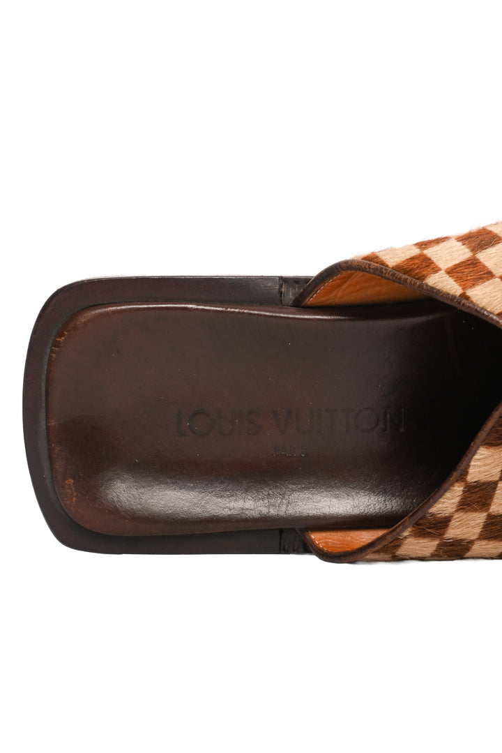 Louis Vuitton Size 8.5 Damier Ebene Print Calf Hair Slide Sandals