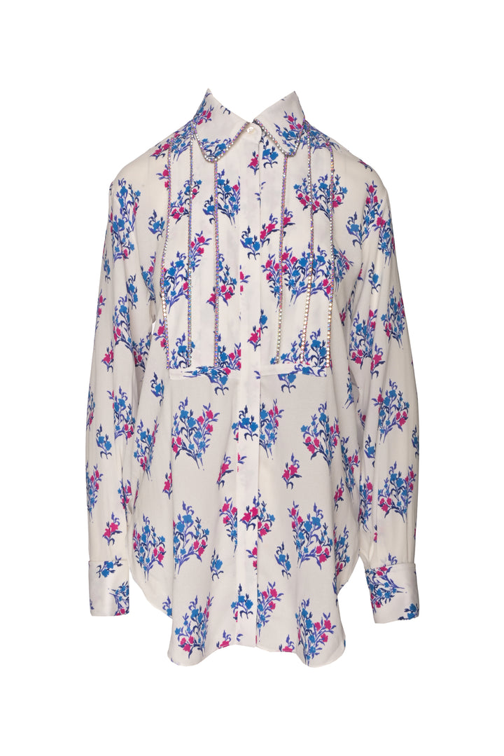 Area Size 10 Crystal Embellished Floral Crepe Blouse