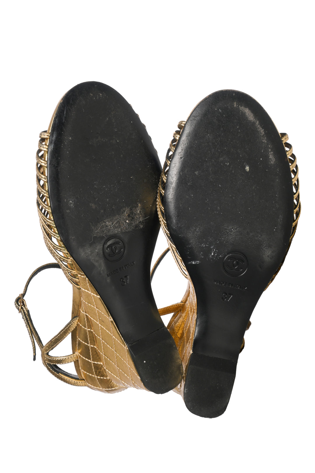 Chanel Size 37 Metallic Faux Pearl Camellia Ankle Strap Wedge Sandals