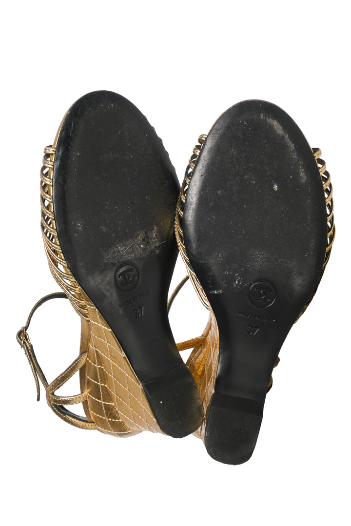 Chanel Size 37 Metallic Faux Pearl Camellia Ankle Strap Wedge Sandals