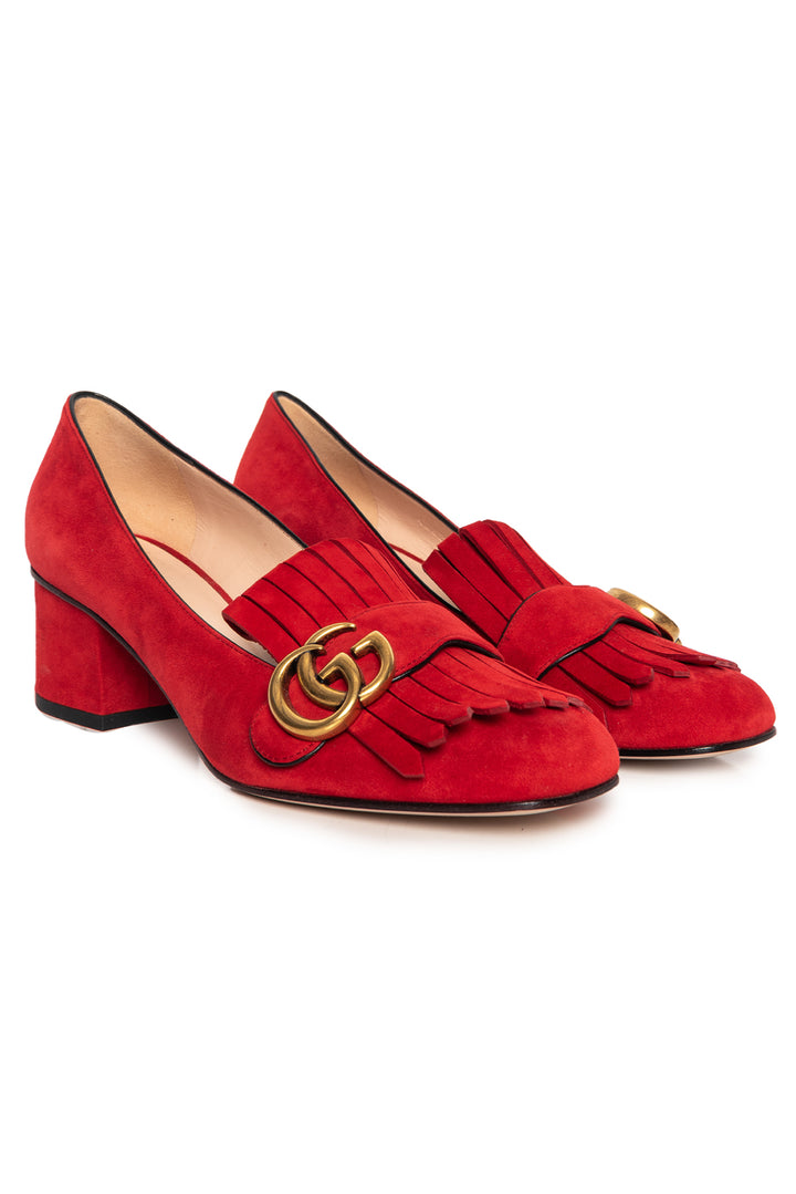 Gucci Size 37.5 Suede Fringe Marmont Heeled Loafers