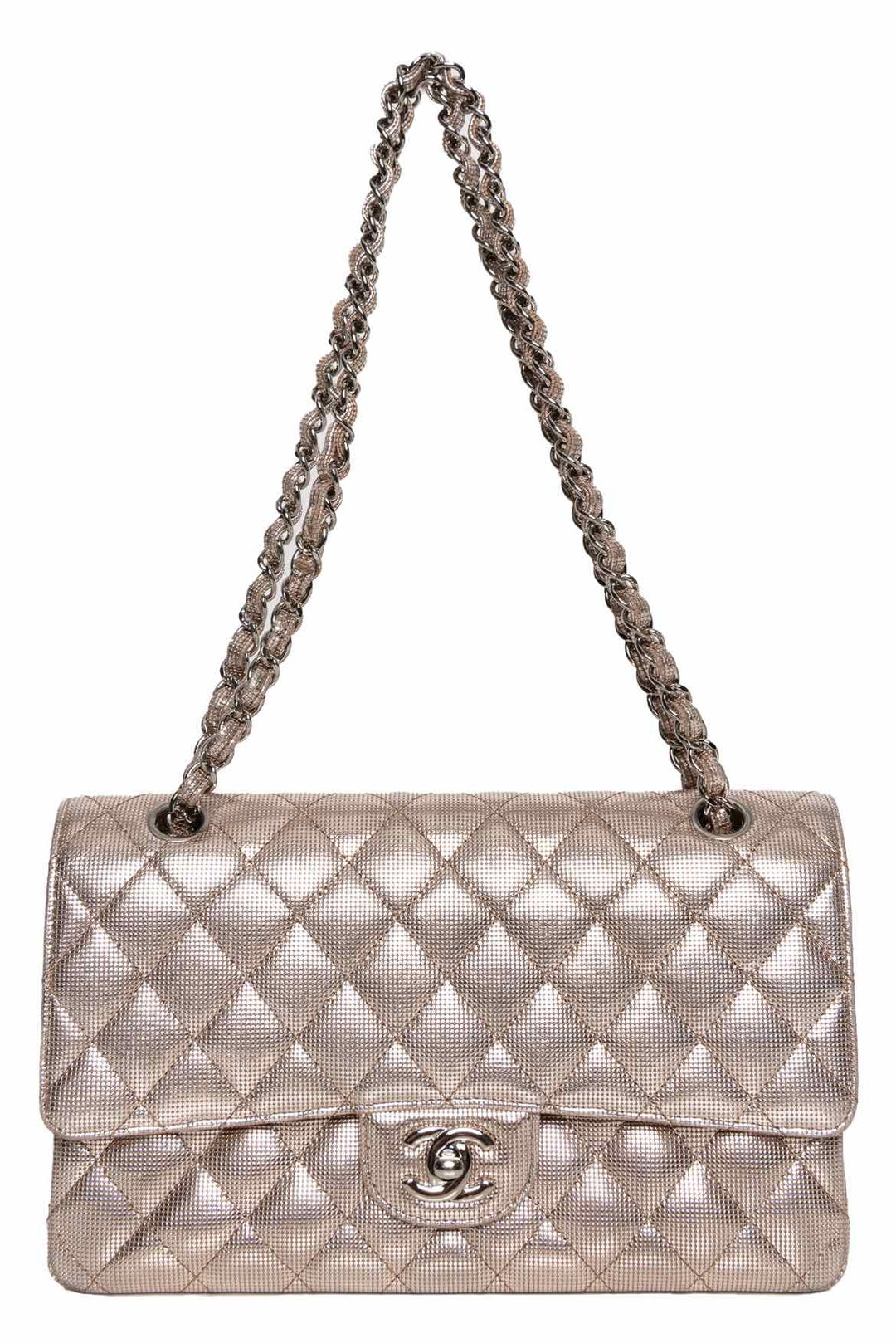 Chanel 2016 Rose Gold Pixel Effect Quilted Leather Medium Double Flap Purse