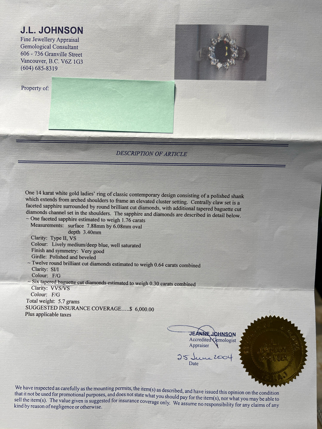 14K White Gold Diamond & Sapphire Size 6.5 Ring