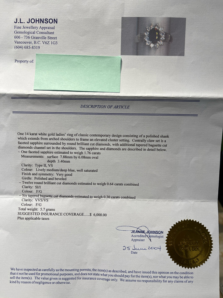 14K White Gold Diamond & Sapphire Size 6.5 Ring