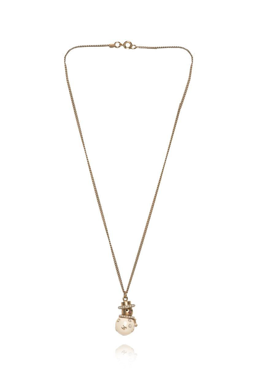 Chanel 2005 Faux Pearl, Interlocking CC Logo & Enamel Snowman Pendant Necklace