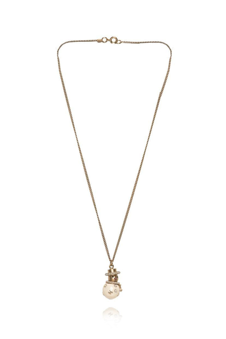 Chanel 2005 Faux Pearl, Interlocking CC Logo & Enamel Snowman Pendant Necklace
