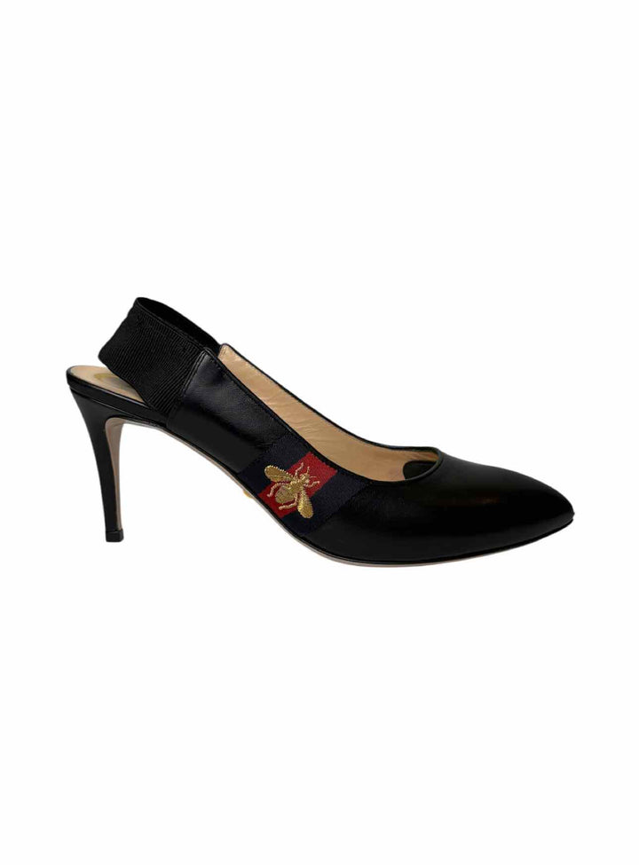 Gucci Size 38 Sylvie Web Embroidered Bee Leather Slingback Pumps