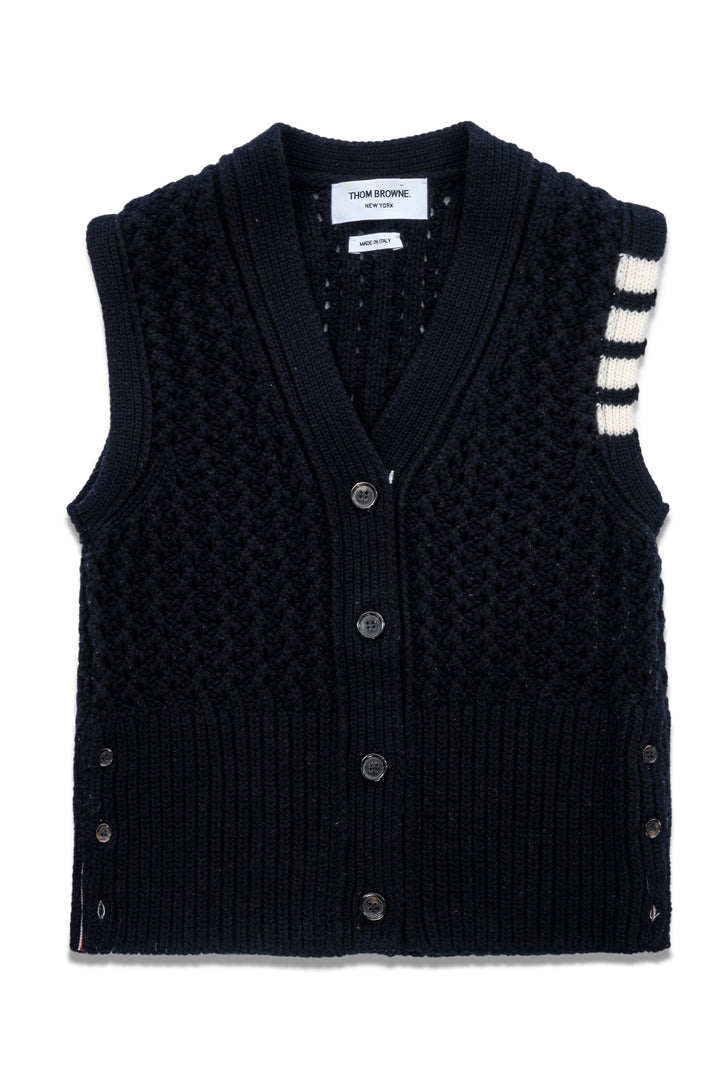 Thom Browne Size 36 4-Bar Pointelle Cable Cardigan Vest