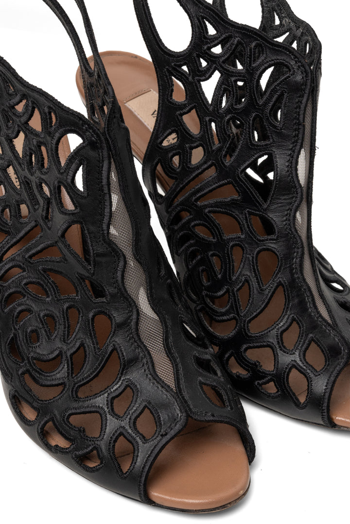 Valentino Size 39 Rose Laser-Cut Leather Slingback Sandals