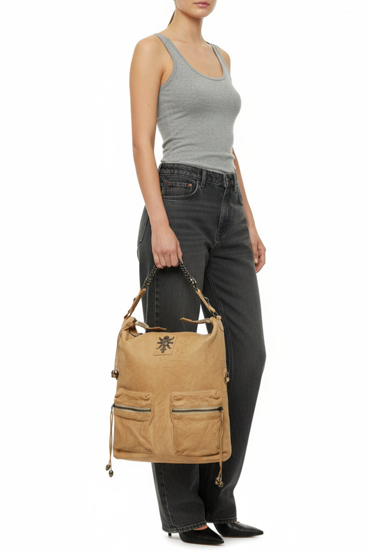 Thomas Wylde Skull & Suncross Studded Distressed Leather Hobo