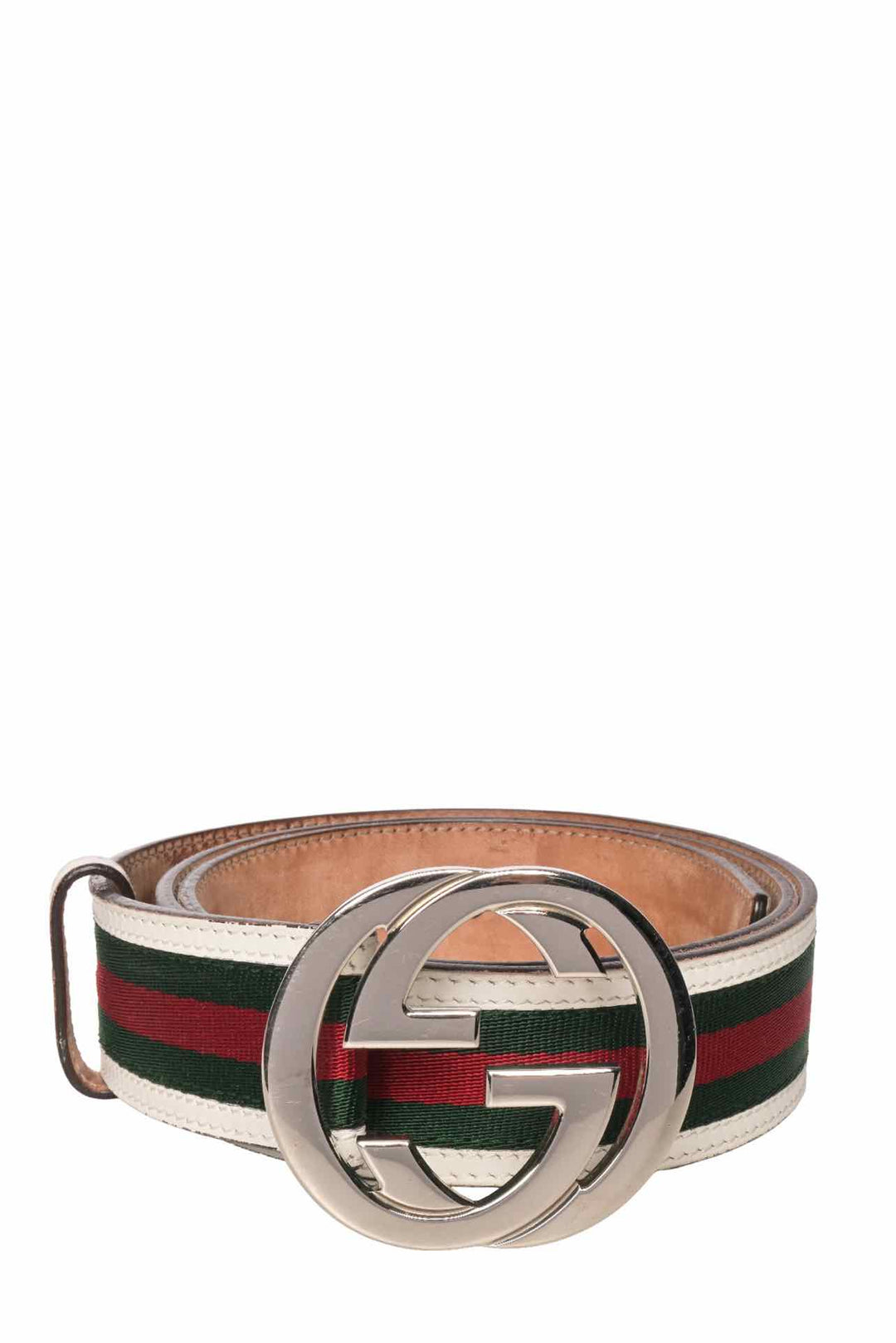 Gucci Size 38 Web Stripe Canvas & Leather Interlocking G Buckle Men's Belt
