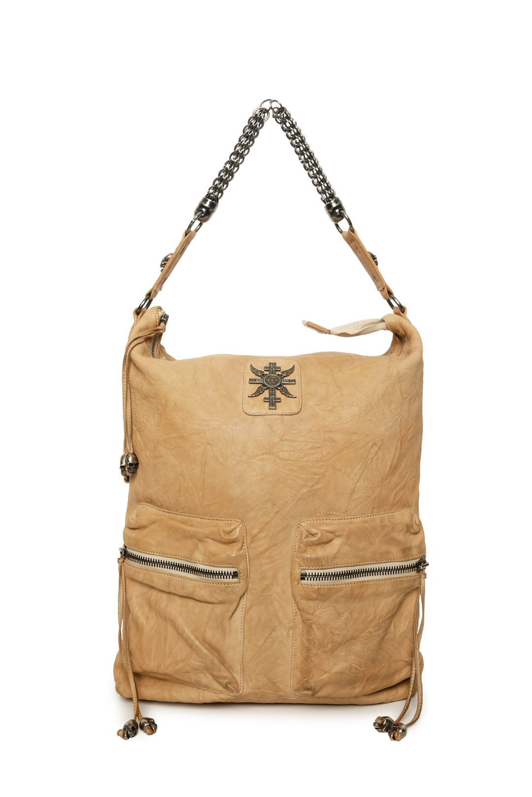 Thomas Wylde Skull & Suncross Studded Distressed Leather Hobo