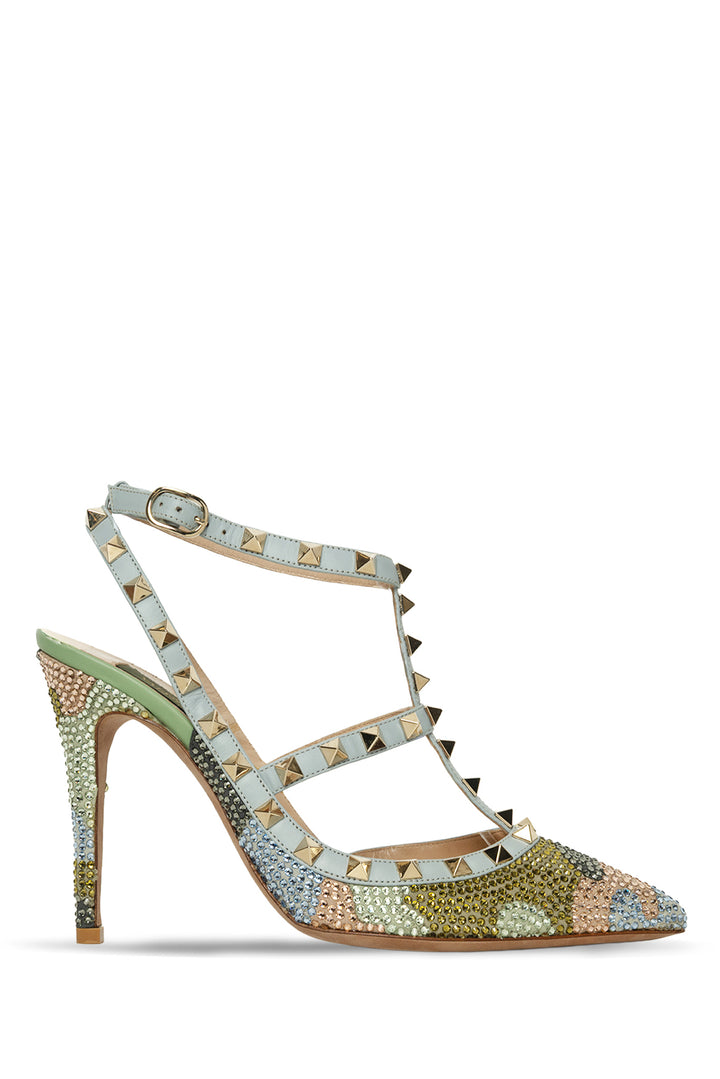 Valentino Size 38 Crystal Camouflage Rockstud Ankle Strap Pumps