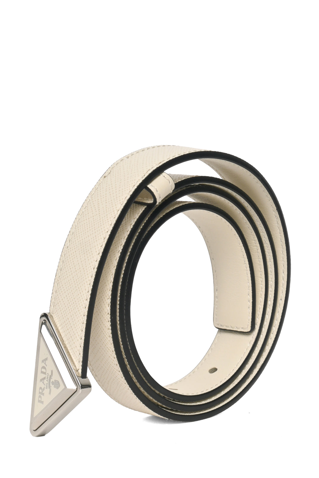 Prada Size 34 Enamel Triangle Logo Buckle Saffiano Leather Belt