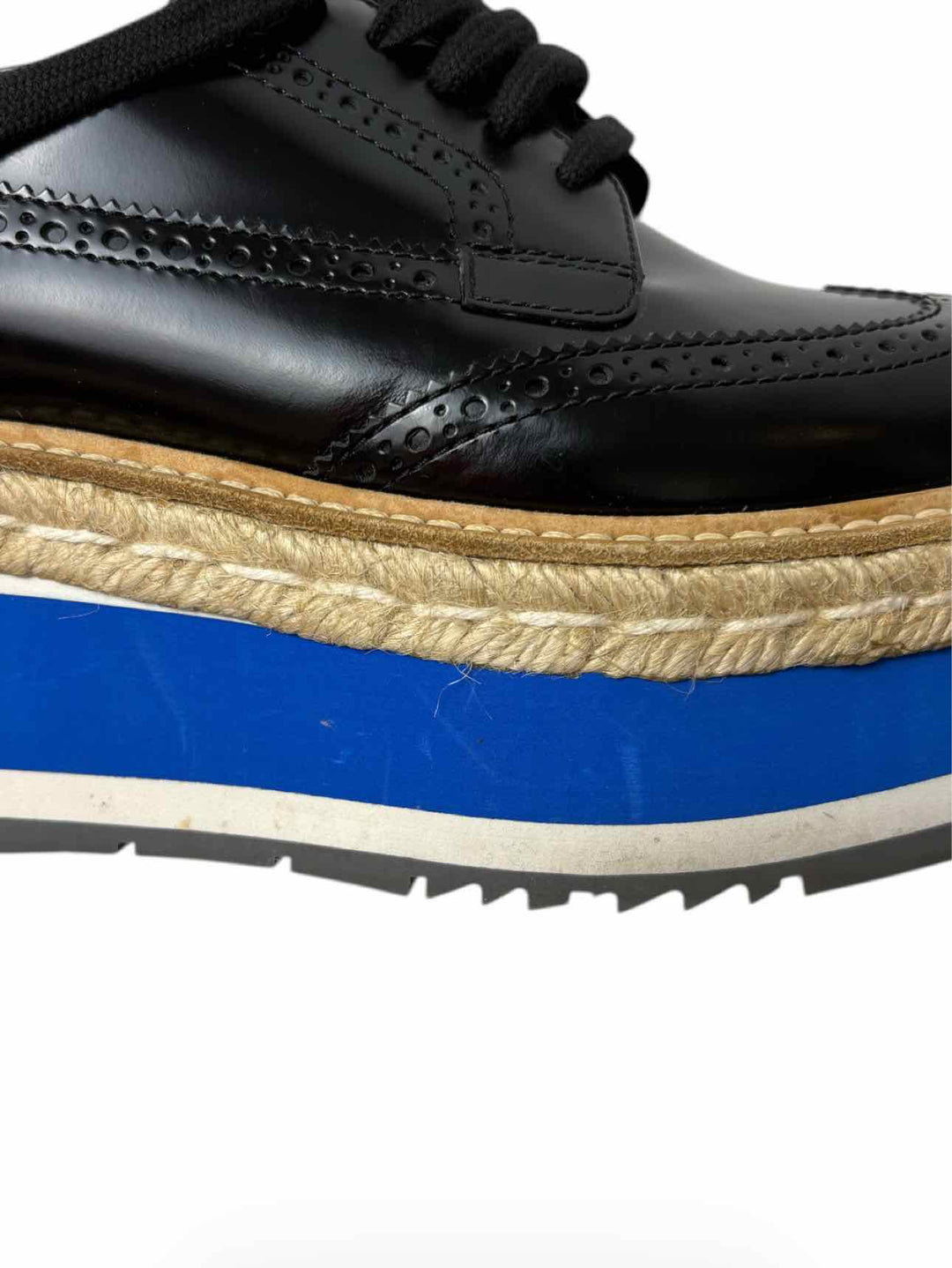 Prada Size 38.5 Leather Platform Brogue Espadrille Derby Flats