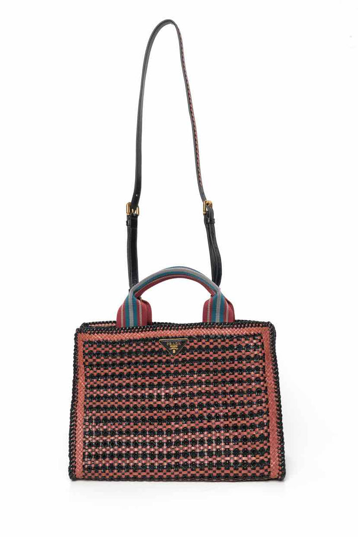 Prada Convertible Open Tote Madras Woven Leather Tote