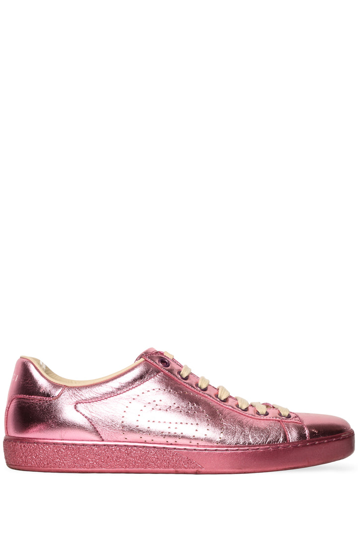 Gucci Size 40 Metallic Leather Perforated Interlocking GG Logo Ace Sneaker