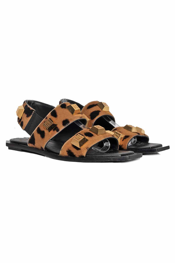 Balmain Size 40 Leopard-print Calf Hair Studded Sandal Flats
