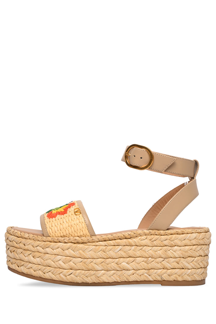 Valentino Size 35 Bribri Woven Floral Raffia Platform Espadrille Wedges