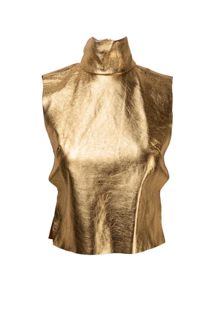 Dries Van Noten Size 6 Larma Leather Sleeveless Turtleneck Bib