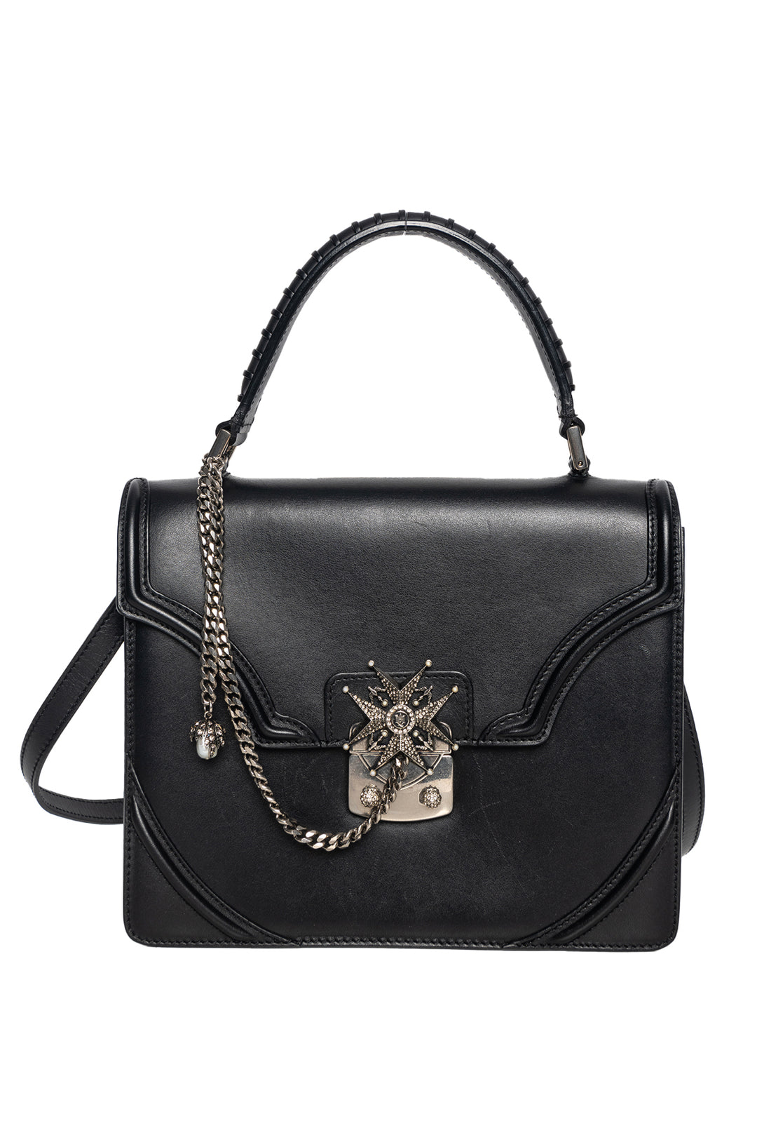 Alexander Mcqueen Calfskin Chain Crystal Flower Satchel