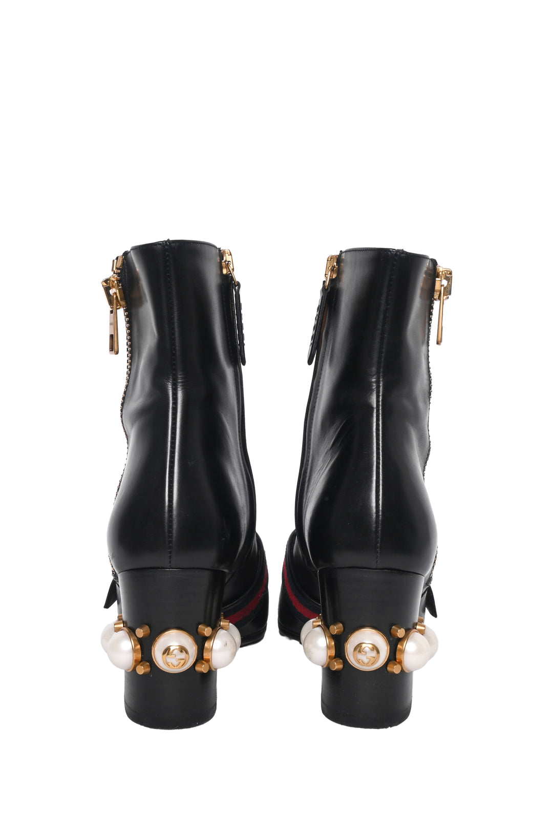 Gucci Size 37 Faux Pearl Accent GG Web Ankle Boots