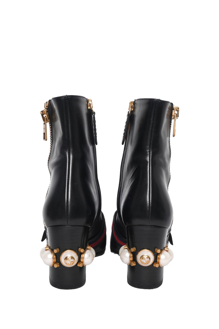 Gucci Size 37 Faux Pearl Accent GG Web Ankle Boots
