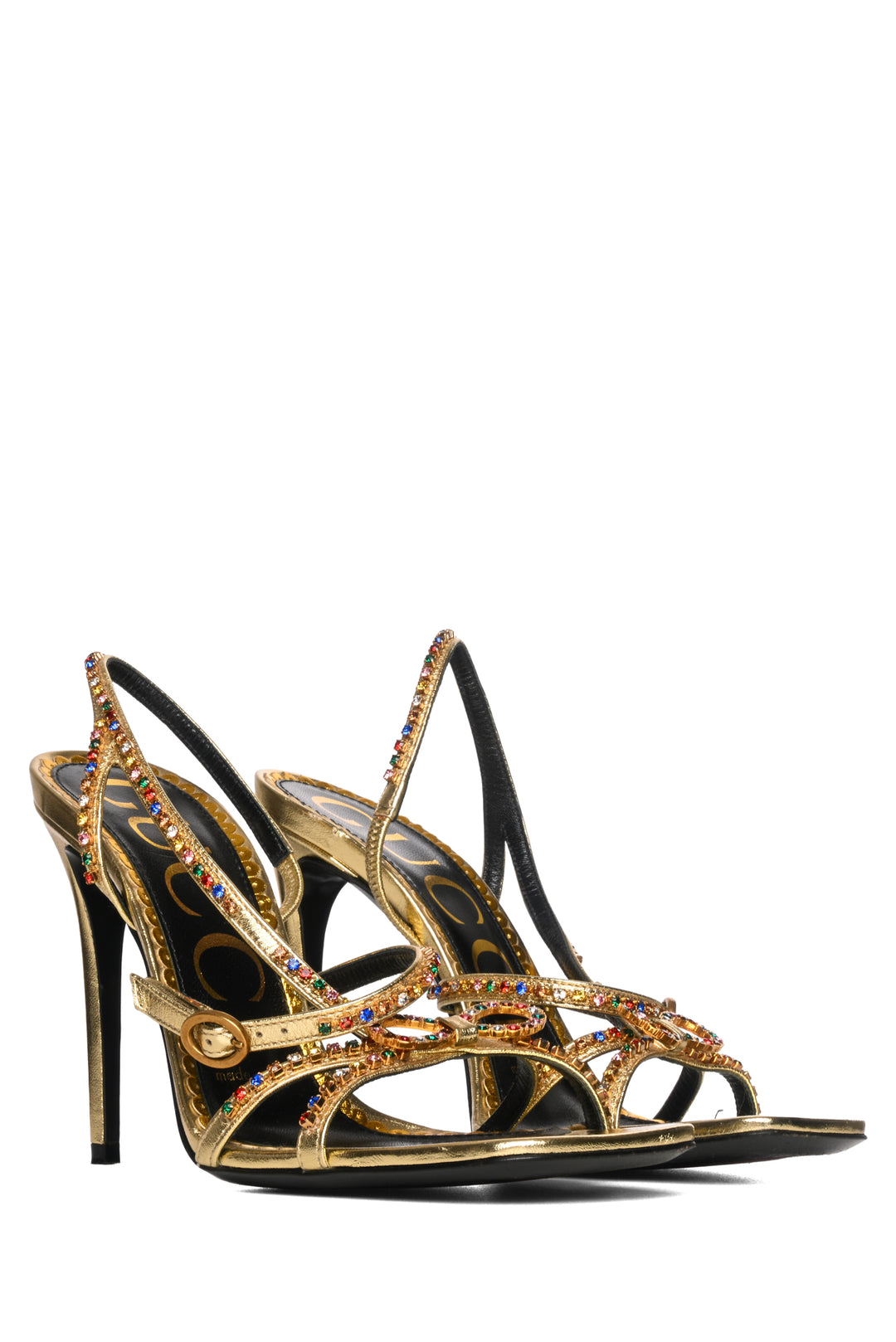 Gucci Size 36.5 Metallic Nappa Crystal Embellished Carmen High Heel Sandals