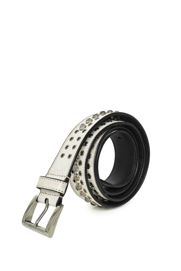 Prada Size 36 Grommet & Crystal Accent Aged Leather Belt