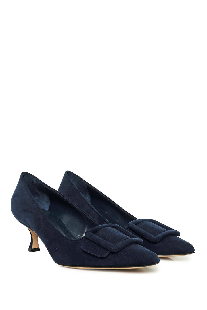 Manolo Blahnik Size 39 Navy Blue Suede Buckle Detail Pumps