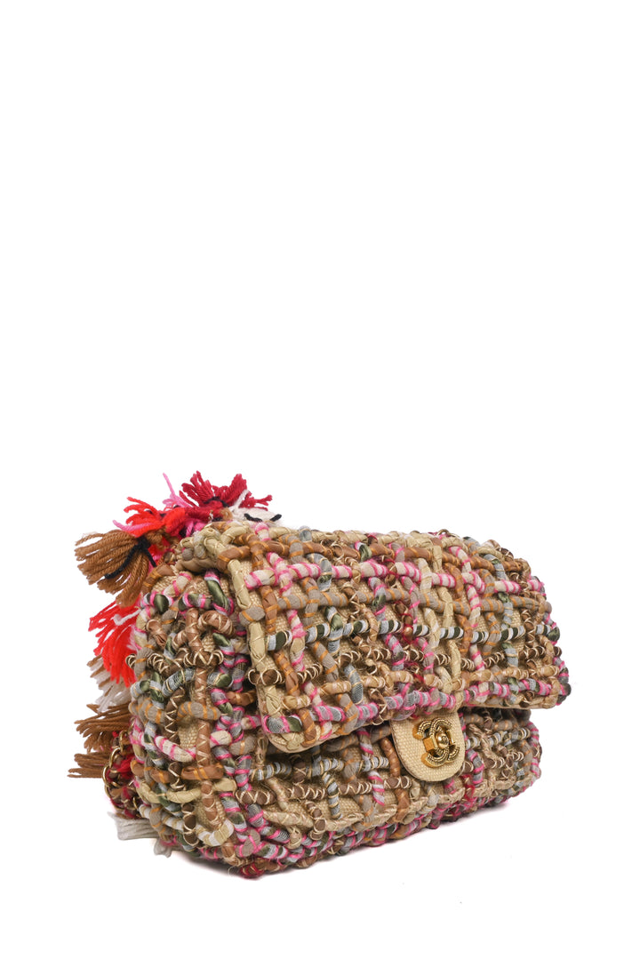 Chanel 2014-2015 Resort Paris-Dubai Woven & Pom-Pom Classic Flap Shoulder Bag