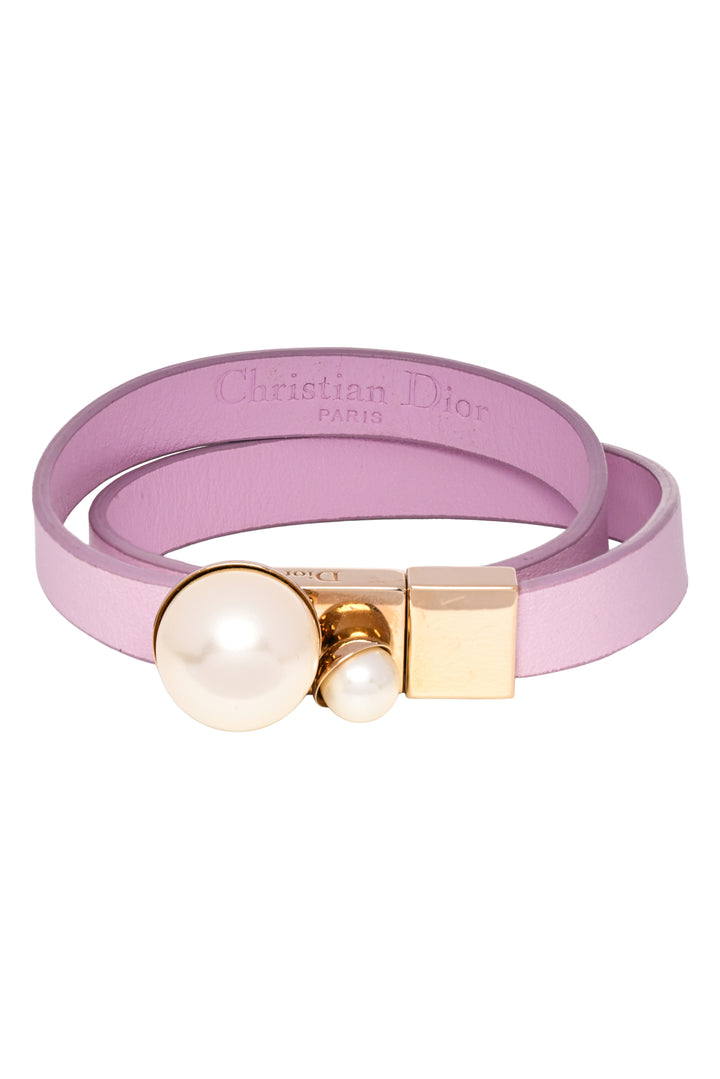 Dior Size M Faux Pearl Mise en Dior Leather Wrap Bracelet