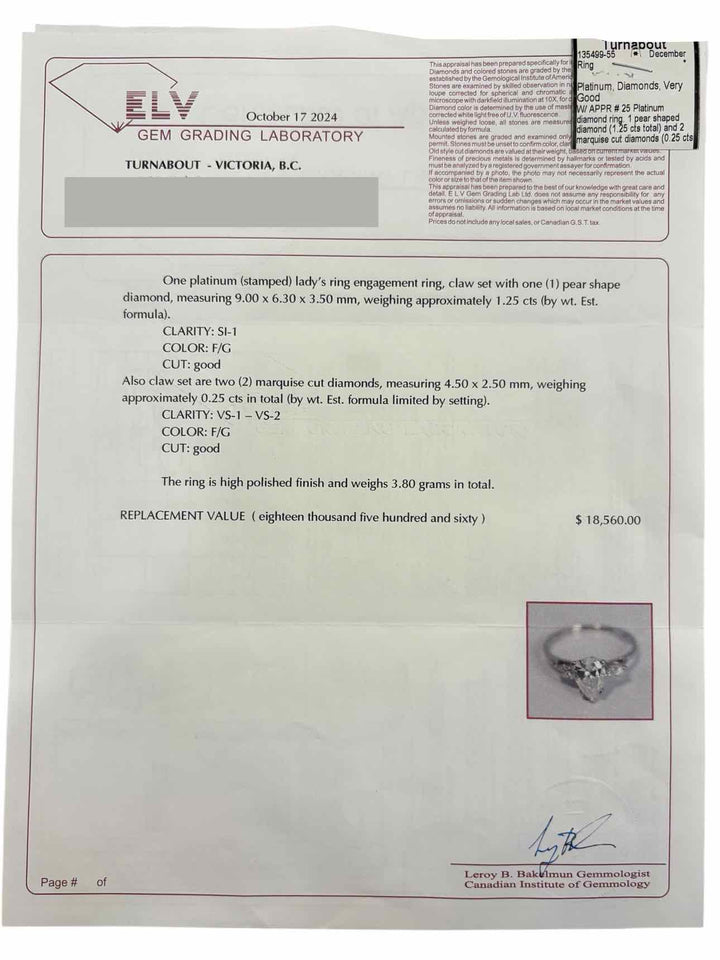 Platinum pear diamond with 2 marquise diamond Size 7.5 Ring