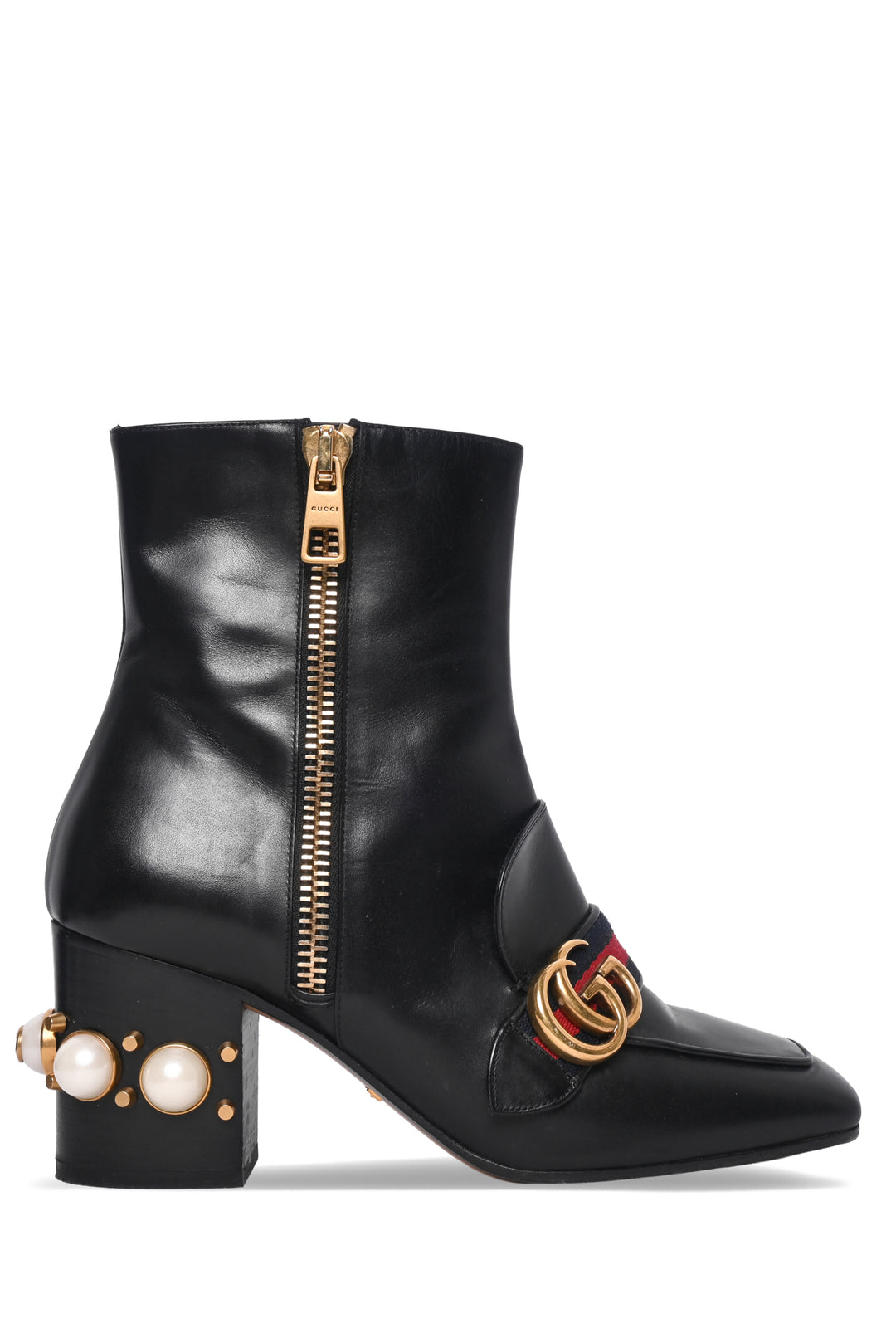 Gucci Size 37 Faux Pearl Accent GG Web Ankle Boots