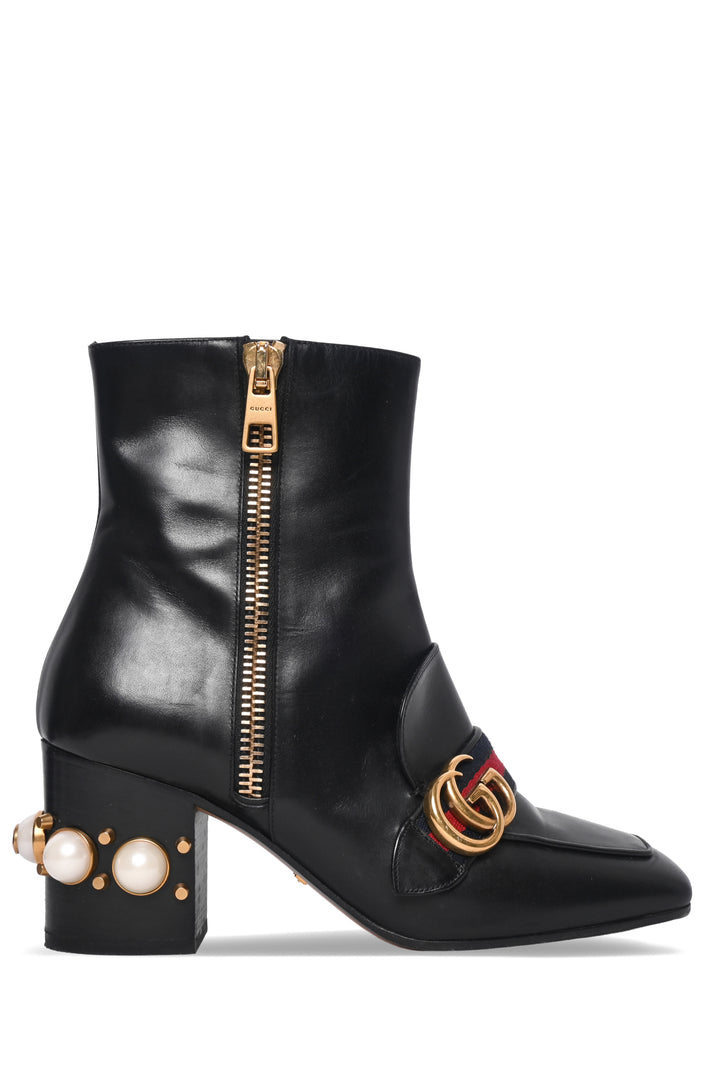 Gucci Size 37 Faux Pearl Accent GG Web Ankle Boots