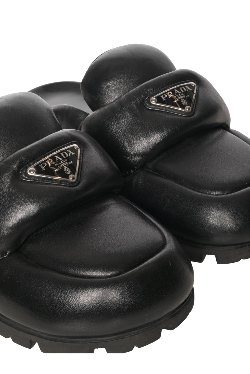 Prada Size 38 Lug Sole Triangle Logo Soft Padded Nappa Leather Mules