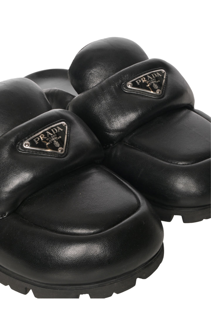 Prada Size 38 Lug Sole Triangle Logo Soft Padded Nappa Leather Mules