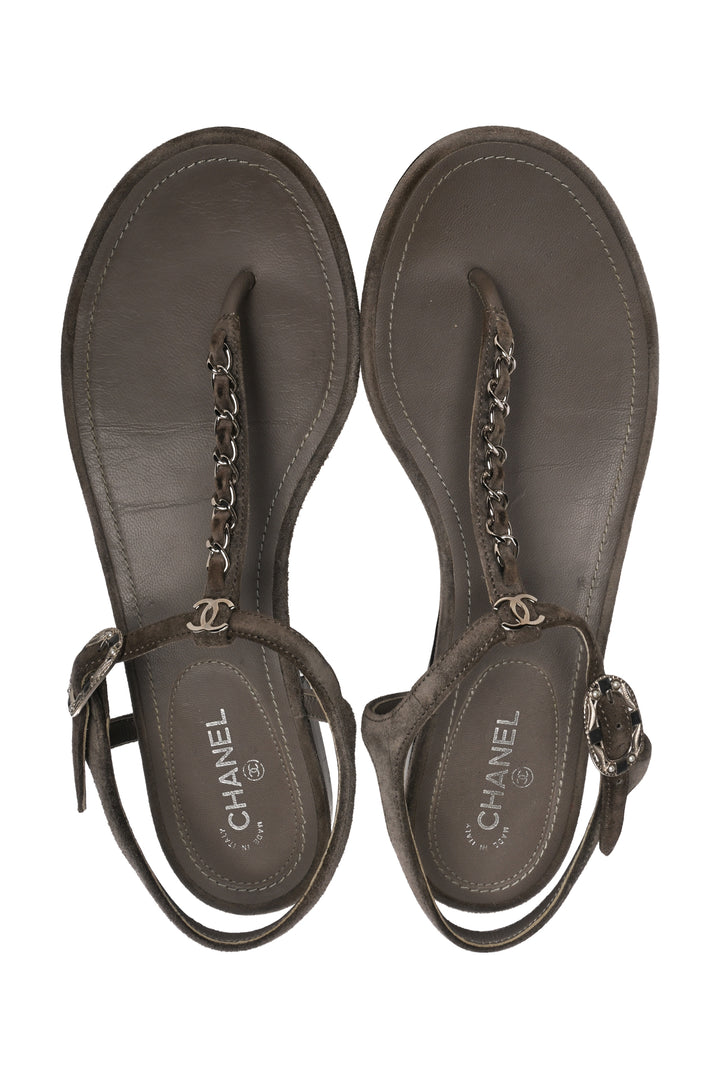 Chanel Size 37 CC Logo Suede T-Strap Sandals