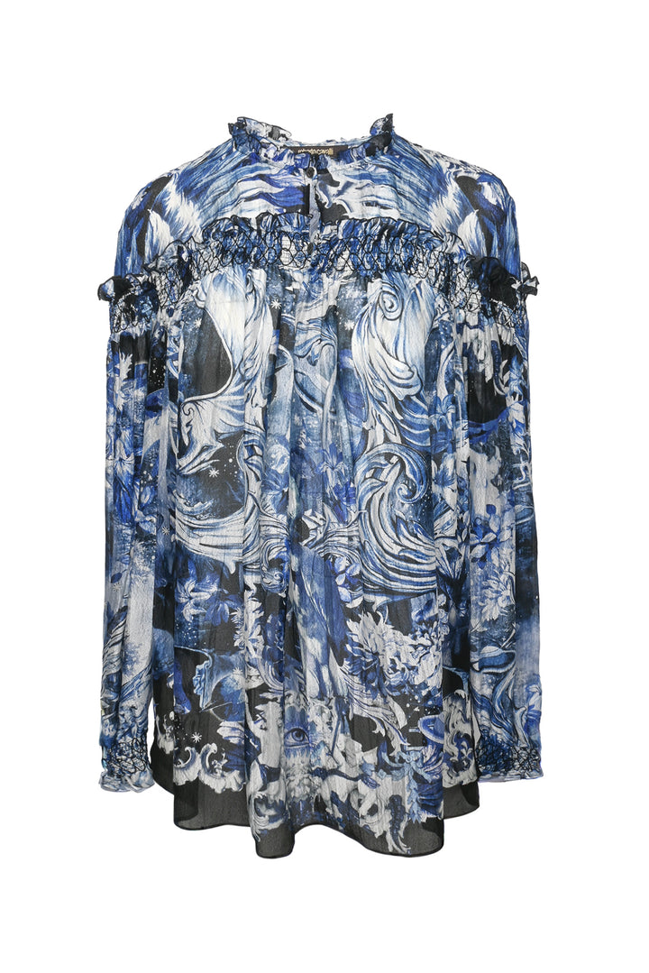 Roberto Cavalli Size 42 Printed Silk Ruffle Tops