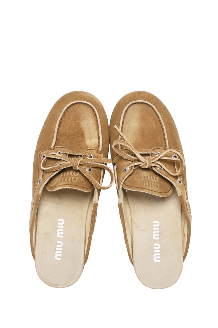 Miu Miu Size 37 Faded Suede Bow Accent Mules